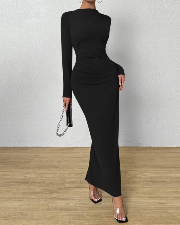 BTFBM Women Bodycon Maxi Dress Long Sleeve Back Slit Ruched Elegant Party Cocktail Formal Fall Wedding Guest Dresses - Image 7