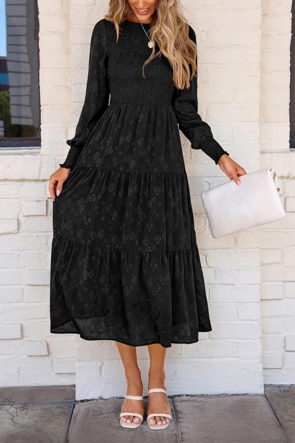 PRETTYGARDEN Women's Fall Midi Dress Long Sleeve Floral Smocked Elegant Wedding Guest Long Flowy Dresses with Pockets - Image 4