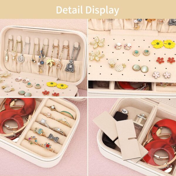 DesignSter Travel Jewelry Box, PU Leather Portable Jewelry Case, Small Jewelry Boxes for Gifts, Travel Jewelry Organizer for Women Rings Earrings Necklaces Bracelets (Beige) - Image 4