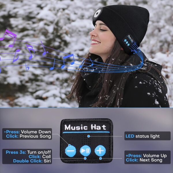 Bluetooth Beanie with Light, 2024 New Musical Knitted Hat with Headphone, Built-in Stereo Speakers Mic, 5 LED Super Bright, USB-C Charging, Cool Gadgets for Men Dad Camping Running Fishing Black - Image 4