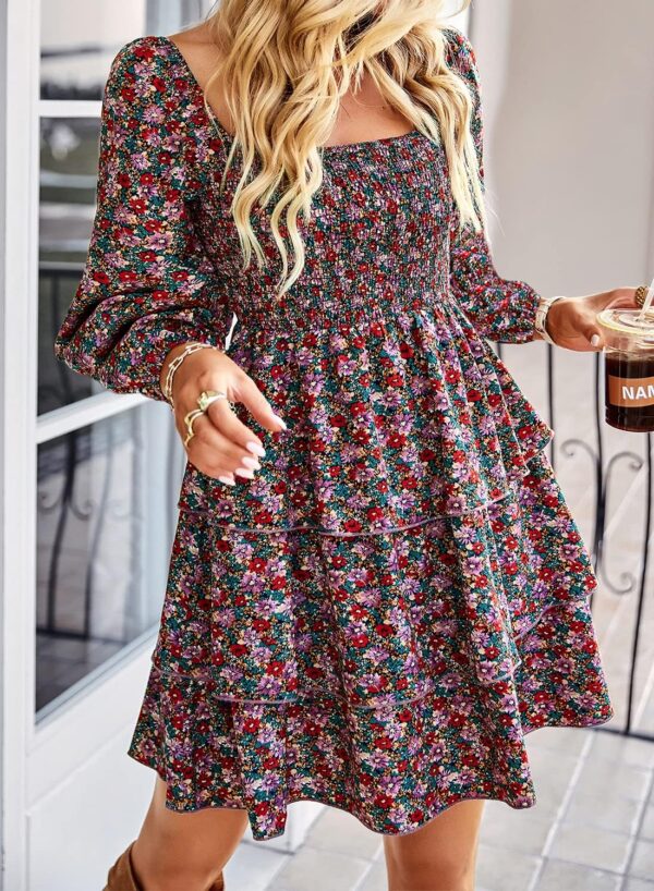 BTFBM Women Square Neck Smocked Dresses 2024 Summer Fall Long Sleeve Floral Swiss Dot Ruffle Party Mini Boho Dress - Image 3