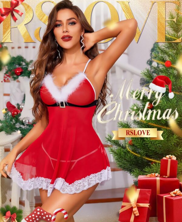 RSLOVE Women's Sexy Santa Christmas Lingerie Set Babydoll Lace Chemises Sleepwear - Image 3