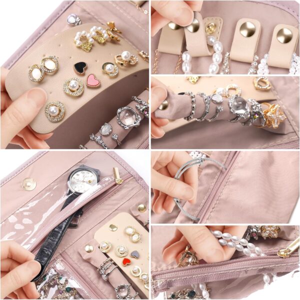 Travel Jewelry Organizer - Foldable travel jewelry case for earrings, necklaces, rings, bracelets, brooches, pink - Image 5