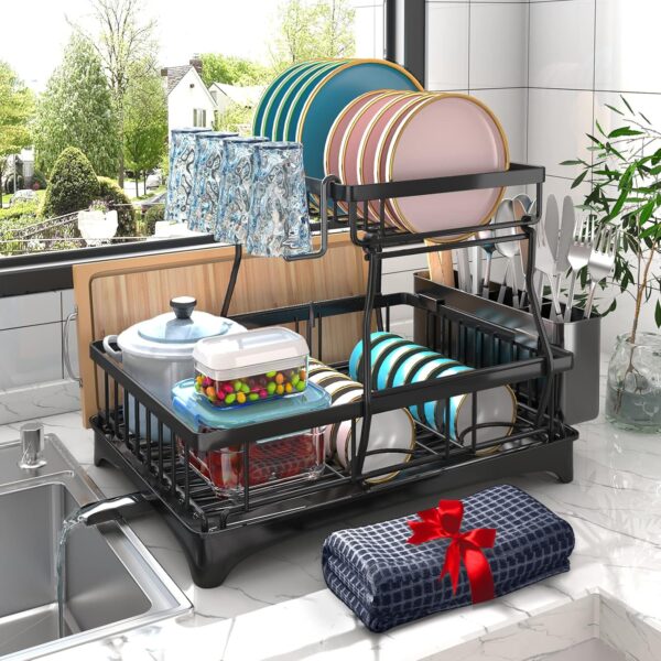 Godboat Dish Drying Rack, 2-Tier Dish Racks for Kitchen Counter, Dish Rack with Drainboard & Mat, Dish Drainer with Knife, Fork & Cup Rack, Gifts for Women, Mothers Day, Cool Stuff & Kitchen Gadgets - Image 6