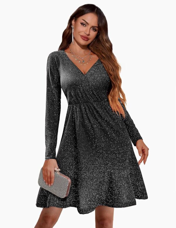 Zeagoo Long Sleeve Womens Glitter Dress Wrap V Neck Swing Club Cocktail Party Dresses Sequin Sparkle Dress Fall Dress 2024 - Image 4