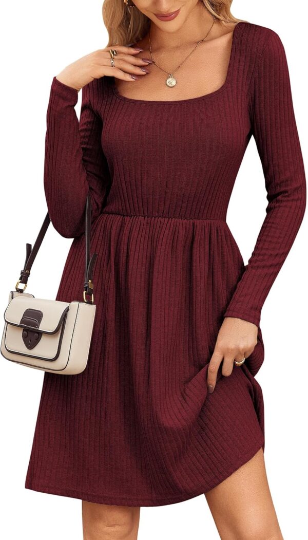 Zeagoo Womens Casual Sweater Dress Square Neck Knit Long Sleeve Dress with Pockets A-Line Knee Length Fall Winter Dress - Image 2