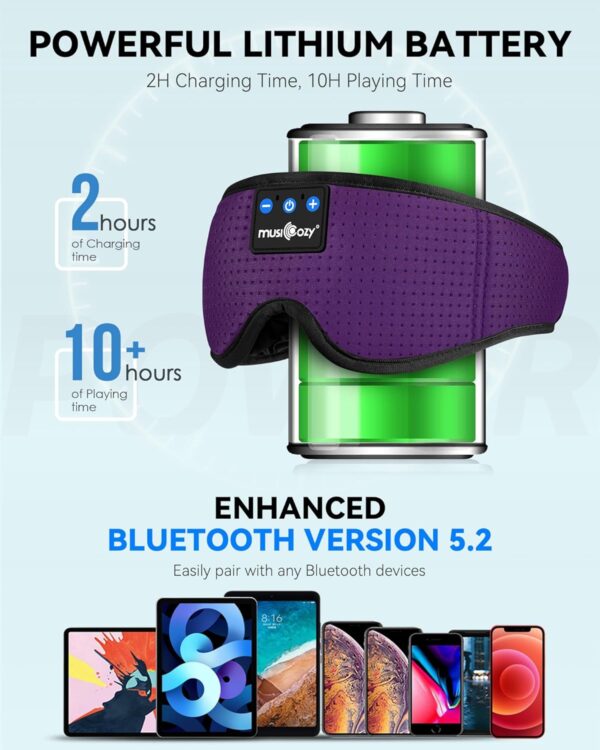 MUSICOZY Sleep Headphones Masks, Bluetooth Sleep Eye Mask for Sleeping for Side Sleepers, Sleeping Masks Headphones Wireless Music Mask Men Women with Speakers Cool Tech Gadgets Gifts(Purple) - Image 4