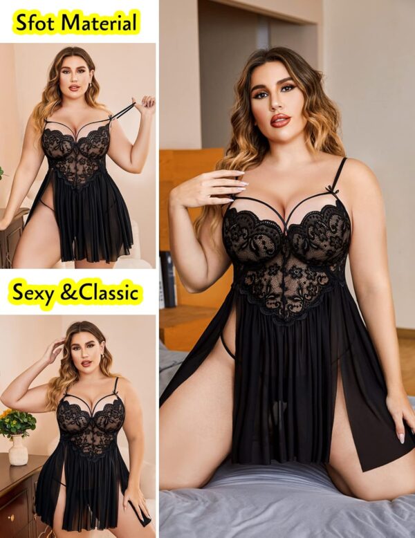 Avidlove Plus Size Lingerie Lace Babydoll Womens Strap Chemise Nightgown V Neck Nighty Mesh Sleepwear Side Slit Nightdress - Image 3