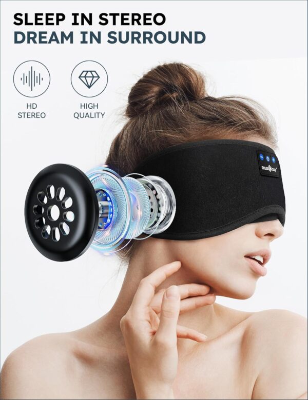 MUSICOZY Sleep Headphones, Bluetooth 5.2 Sleep Mask Headband Headphones Sleeping Eye Mask, Wireless Music Earbuds Earphones with HD Headphones Ultra-Thin Stereo Speakers for Side Sleepers Men Women - Image 4