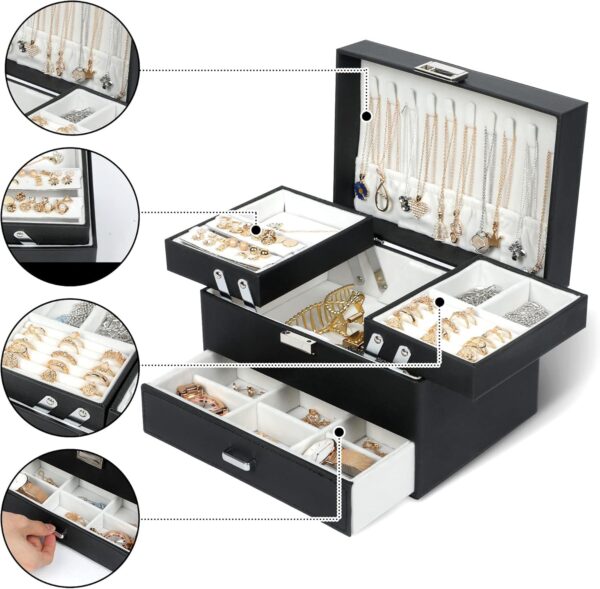 Dajasan Jewelry Boxes for Women Girls, Jewelry Organizer Box, 3 Layers Jewelry Storage Organizer for Earring, Ring, Necklace, Bracelets (Black) - Image 2