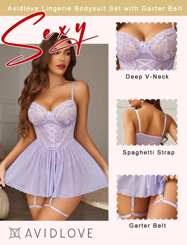 Avidlove Lingerie for Women Sexy Lace Babydoll Mesh Chemise Boudoir Nighty with Garter Belt - Image 2