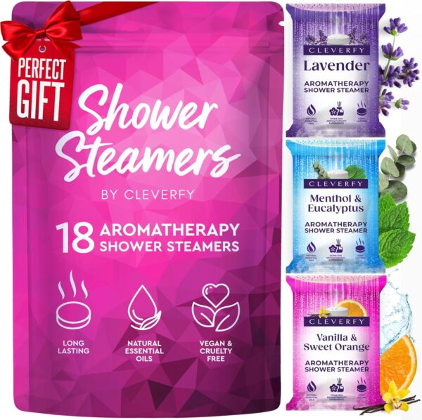 Cleverfy Shower Steamers Aromatherapy - Stocking Stuffers for Women and Teens and Christmas Gifts for Women. 18 Pack of Self Care Shower Bombs with Essential Oils. Purple Set