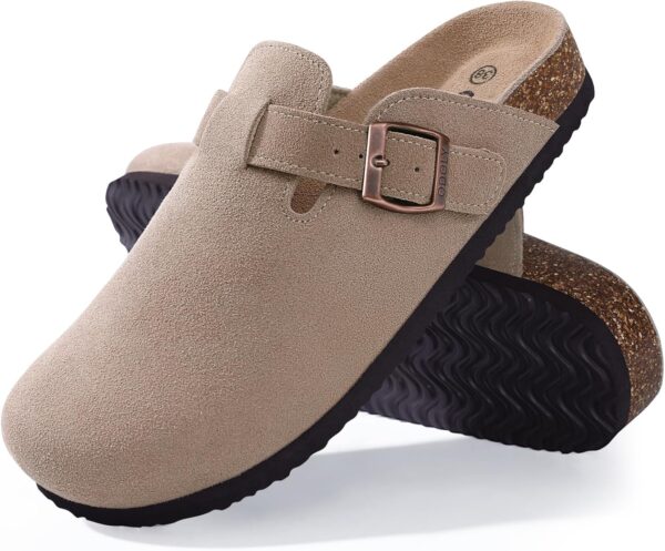 Women's Suede Clogs Soft Cork Footbed Leather Mules Comfort Potato Shoes with Arch Support - Image 3