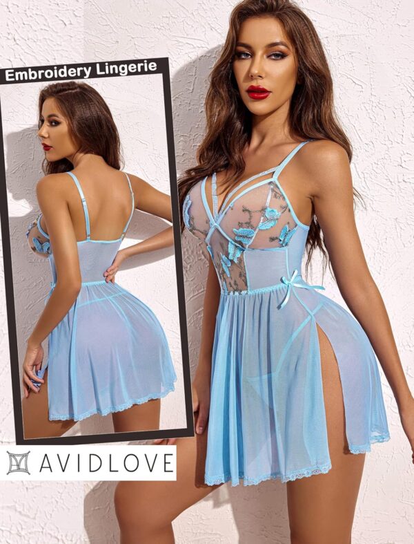 Avidlove Women's Lingerie Lace Chemise Floral Embroidery Mesh Babydoll Side Slit Sleepwear - Image 4