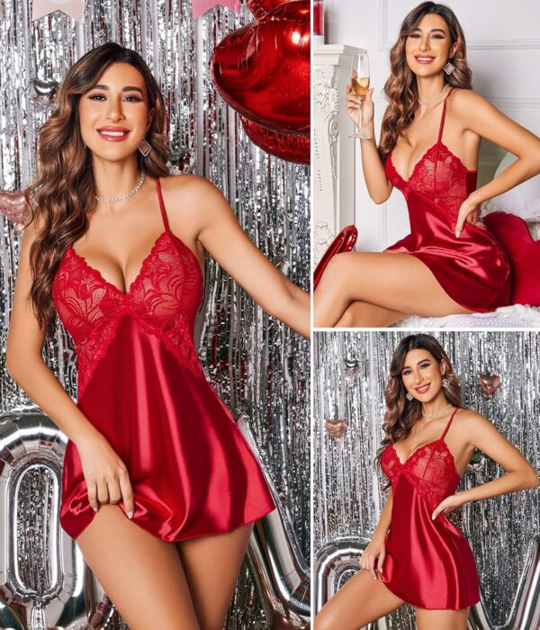 Avidlove Women Lingerie V Neck Nightwear Satin Sleepwear Lace Chemise Mini Teddy - Image 4