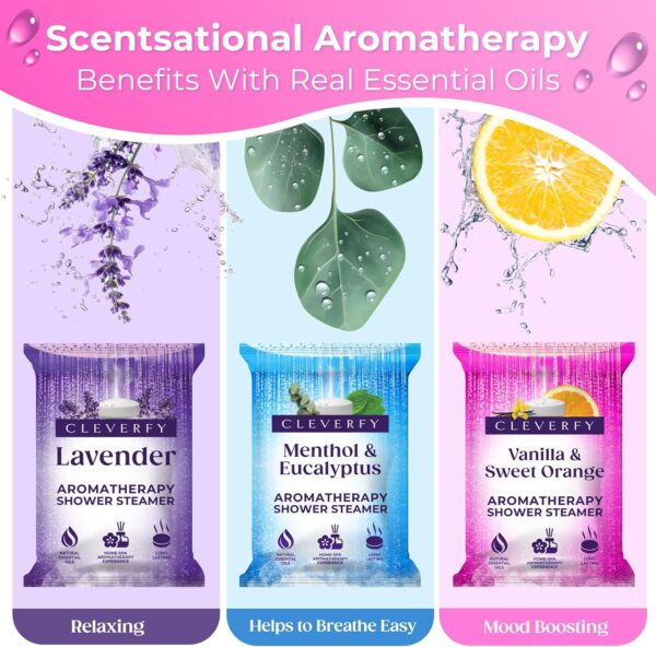 Cleverfy Shower Steamers Aromatherapy - Stocking Stuffers for Women and Teens and Christmas Gifts for Women. 18 Pack of Self Care Shower Bombs with Essential Oils. Purple Set - Image 4