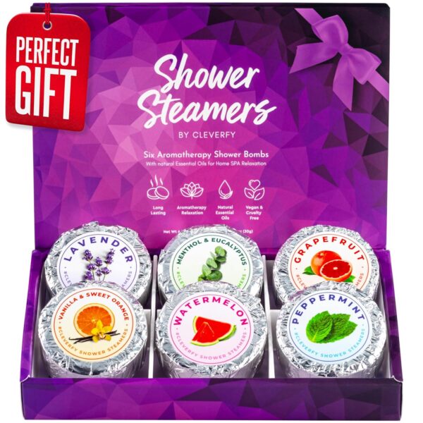 Cleverfy Shower Steamers Aromatherapy - Stocking Stuffers for Women and Men - Adults and Teens. Compact Box of 6 Premium Self Care Shower Bombs with Essential Oils.