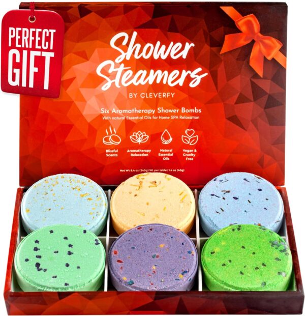 Cleverfy Shower Steamers Aromatherapy - Christmas Box of 6 Premium Shower Bombs with Essential Oils.Self Care Christmas Gifts for Women and Gifts for Mom. Red Set